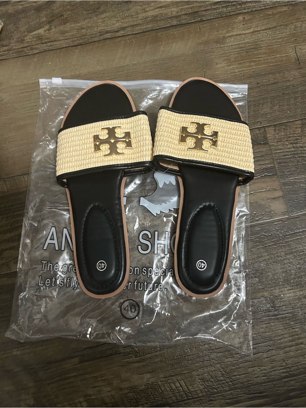 Tory Burch Black Footbed Beige Raffia Logo Slide Sandals